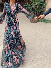 Elegant floral printed women backless long sleeve chiffon maxi dresses