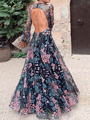 Elegant floral printed women backless long sleeve chiffon maxi dresses