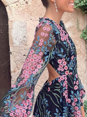 Elegant floral printed women backless long sleeve chiffon maxi dresses