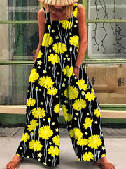 Fashion printed loose strap wide-leg jumpsuits