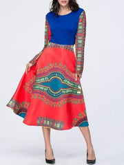 Ethnic style Expansion Long sleeve Round neck Maxi Dresses