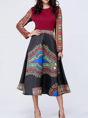 Ethnic style Expansion Long sleeve Round neck Maxi Dresses