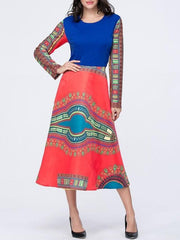 Ethnic style Expansion Long sleeve Round neck Maxi Dresses
