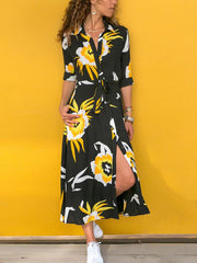 Single breasted long sleeve printed belted high-waist maxi dresses