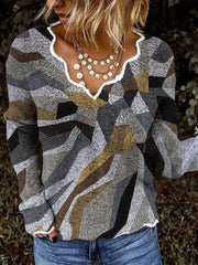 Women Simple Basic Floral-Print Shift Long Sleeve Sweaters