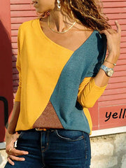 Plus Size Stitching Color Matching Round Collar Long Sleeve Casual T-shirt