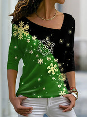Women snow printed irregular long sleeve T-shirts