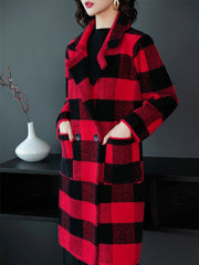 Red Grid Woman Elegant Lapel Coats
