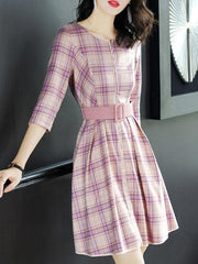 Contrast Plaids O-Neck Half Sleeves Midi A-Line Shift Dresses