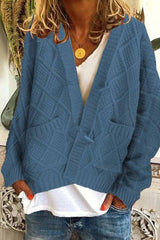 Solid Ribbed Horn Buckle Pockets Cardigan