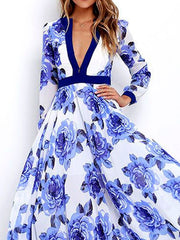 Sexy Deep V Collar Retro Printed Expansion Vacation Dress