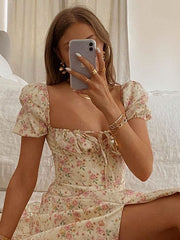Fashion puff sleeve floral lace high slit Iong dress vacation dresses
