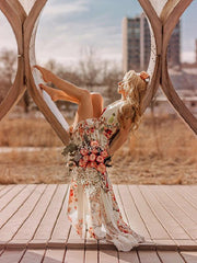 Bohemian Split Printing Deep V Neck Sleeveless Maxi Dresses