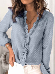 V-neck Button Ruffle Blouses