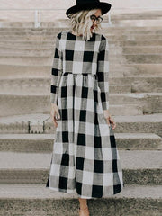 Fashion Round Collar Square Long Sleeve Maxi Dress