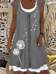 Loose Round neck buttoned short sleeve printed mini dresses for women