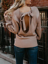 Round Neck Bowknot Back Hole Plain Sweaters