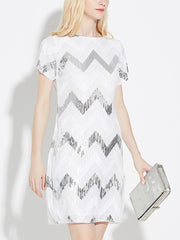 Black and White Round Neck A Line Short Sleeve Sequins Evening Dress