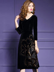 Black Printing Zipper V-Neck Long Sleeves Midi A-Line Maxi Dresses For Autumn