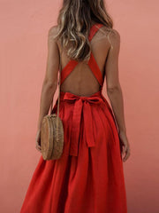Sexy button backless Plain Women Skater Dresses