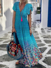 Casual Printed V Neck Short Sleeve Dresses