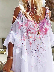 White Floral V Neck Printed Cold Shoulder Dresses