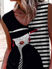 Black Abstract V Neck Sleeveless Printed Shirts & Tops