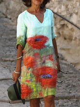 Casual floral print short sleeve V-neck cotton and linen dress mini dresses for women