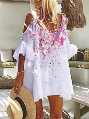 White Floral V Neck Printed Cold Shoulder Dresses