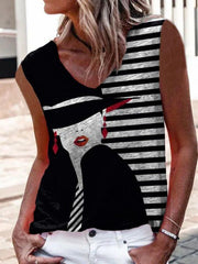 Black Abstract V Neck Sleeveless Printed Shirts & Tops