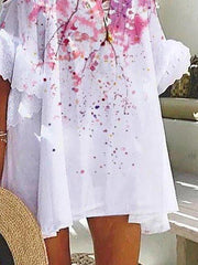 White Floral V Neck Printed Cold Shoulder Dresses