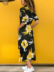 Single breasted long sleeve printed belted high-waist maxi dresses