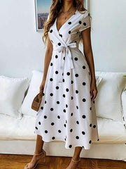 Fashion Casual Women V neck Wave Pot Long Skater Dress