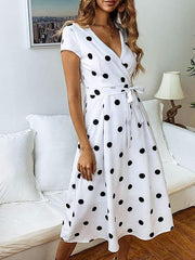 Fashion Casual Women V neck Wave Pot Long Skater Dress