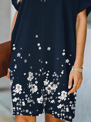 Navy Shift Floral Printed Short Sleeve V Neck Dresses