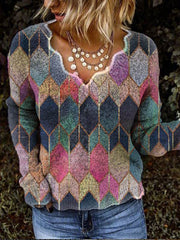 Women Simple Basic Floral-Print Shift Long Sleeve Sweaters