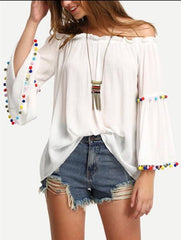 Off shoulder Flare sleeve Loose T-Shirts