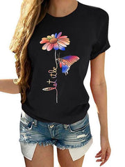 Daisy butterfly printed round neck short sleeve T-shirts