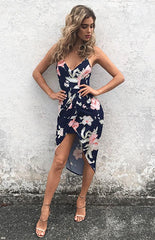 Spaghetti Strap Asymmetric Hem Floral Printed Bodycon Dresses