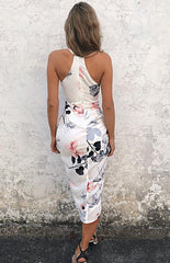 Spaghetti Strap Asymmetric Hem Floral Printed Bodycon Dresses