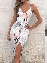 Spaghetti Strap Asymmetric Hem Floral Printed Bodycon Dresses