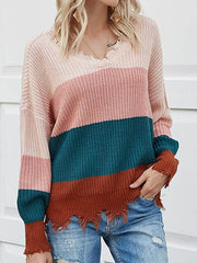 V-neck stripe contrast knit long sleeve open-back design sweaters