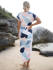 Beautiful Printed-Floral Short Sleeve V Neck Lace-Up Maxi Dress