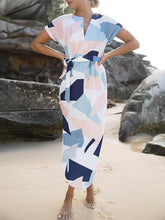 Beautiful Printed-Floral Short Sleeve V Neck Lace-Up Maxi Dress