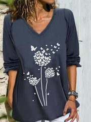 Vintage Long Sleeve Dandelion Printed V Neck Plus Size Casual Tops