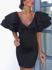 Sexy Deep V Neck Plain Flouncing Lotus leaf sleeve Bodycon Dress