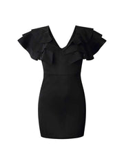 Sexy Deep V Neck Plain Flouncing Lotus leaf sleeve Bodycon Dress