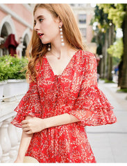 Autumn lacing V neck Floral Shift Dress