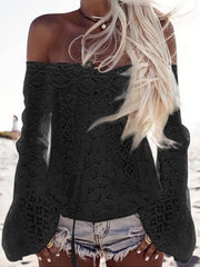 White Off Shoulder Horn Sleeve Lace Blouse