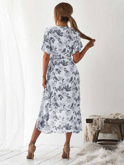 Women fashion Printed Short Sleeve Skater Iregular Hem Skater Dresses